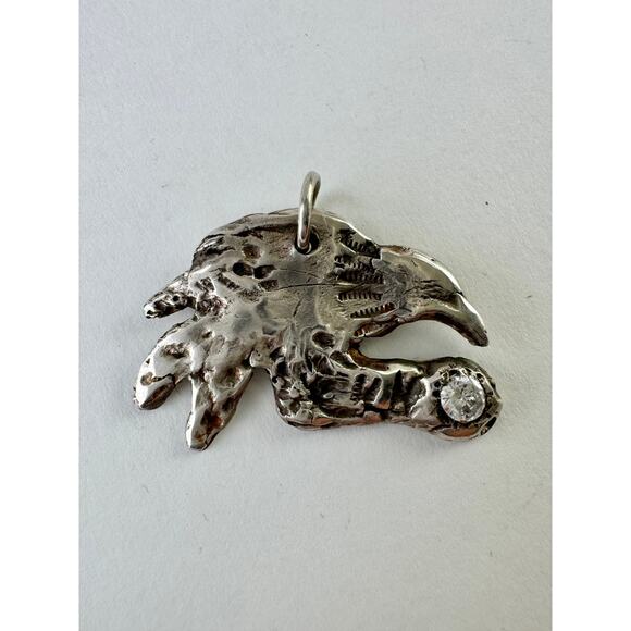 Crow Sterling Silver Clay Pendant Lab White CZ Hand Stamped Sterling 925 Chain - Picture 8 of 10